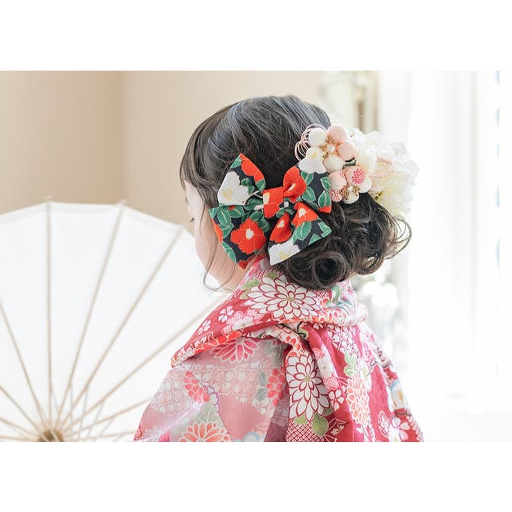 和風髪飾り 椿ハイカラさんリボンクリップ ちりめん着物[品番