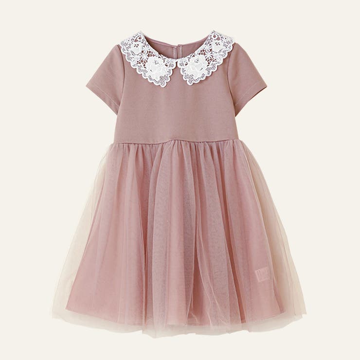 レース襟チュールスカートワンピース フォーマル きちんとワンピース  