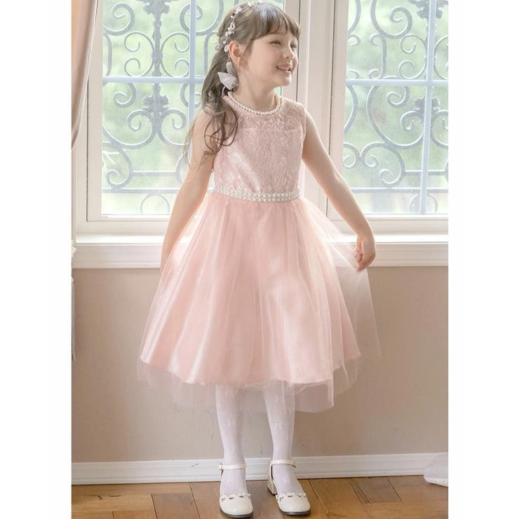 ドレス キッズ ウエストビジューのデコルテ透かしレースドレス