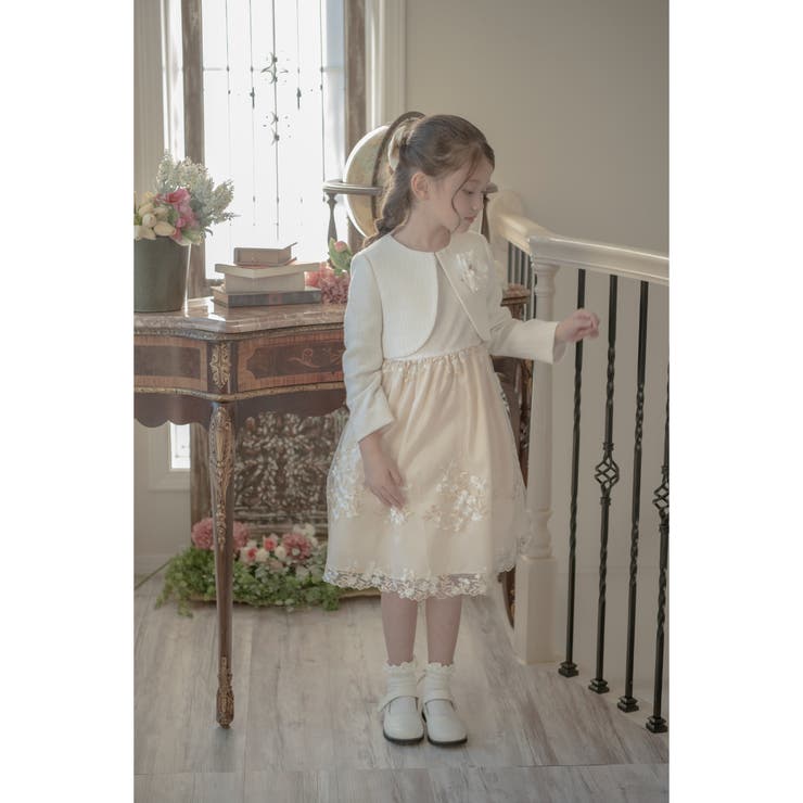 白ツイードボレロ＆花刺繍チュールレースワンピース 女の子 入学式