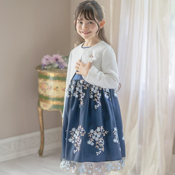 白ツイードボレロ＆花刺繍チュールレースワンピース 女の子 入学式 