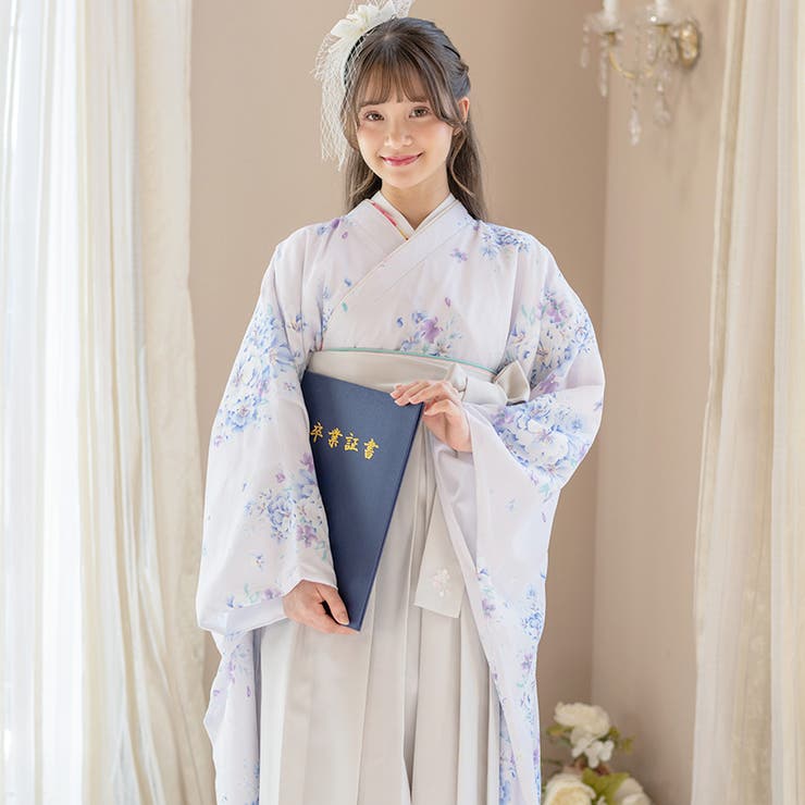 白花色着物×灰色袴[C2] | 着付け簡単袴セット 卒業式 卒園式 | Catherine Cottage