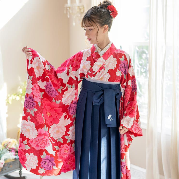 猫と芍薬赤×紺袴[E3] | 着付け簡単袴セット 卒業式 卒園式 | Catherine Cottage