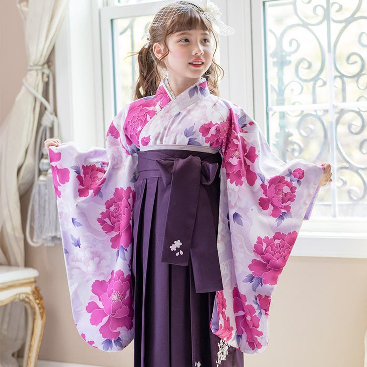 猫と芍薬紫×本紫袴[E2] | 着付け簡単袴セット 卒業式 卒園式 | Catherine Cottage