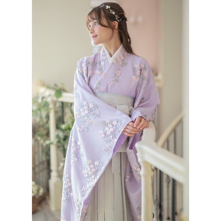卒業式 花刺繍チュールレース 袴一体型着物ワンピース[品番