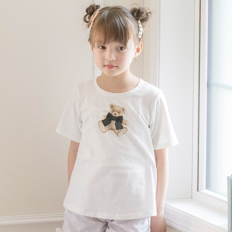 キッズ Tシャツ デコレーションプリント半袖Tシャツ 女の子 無地 白