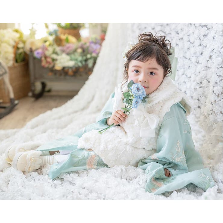 すー♡レース被布 花柄刺繍チュールレース着物とバラ生地被布セット 3才 女の子 七五三