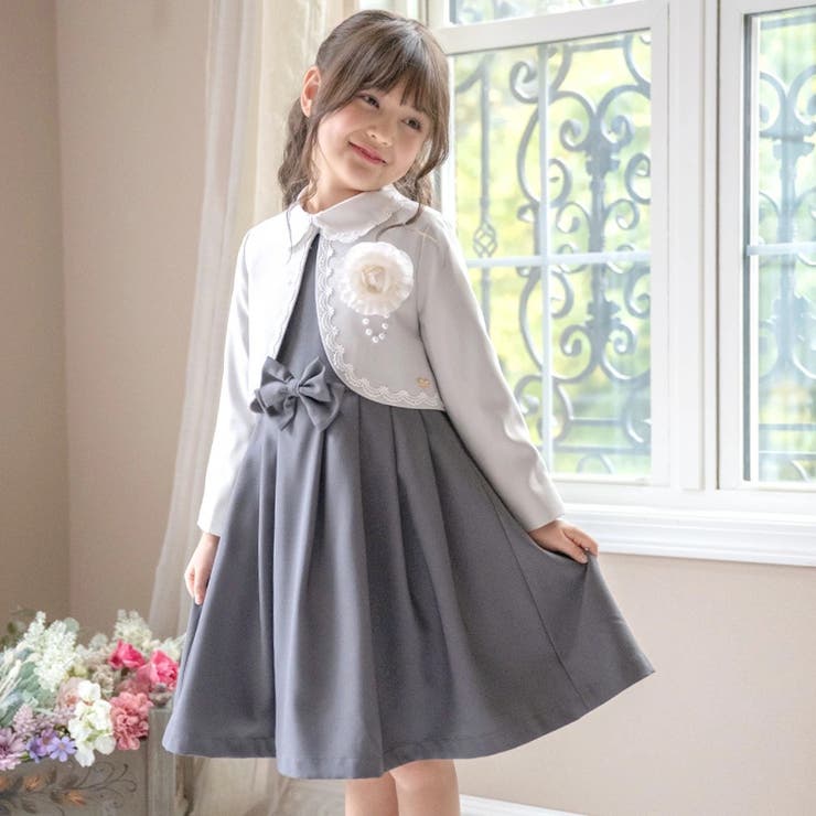 美品 familiar フォ－マル 日本製 ボレロ ワンピース 入学式 110 送料無料【超目玉セール】入学式 女の子襟スカラップボレロ