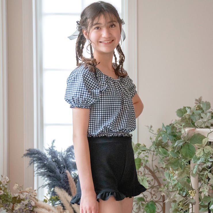 ギンガム・ブラック[BLK2JJ] | パフ袖トップス＆フリルパンツ水着セット パフスリーブスイムウェア セパレート上下… | Catherine Cottage