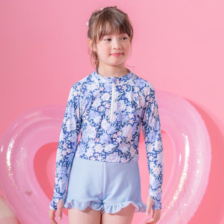 ピオニー・ネイビー[PNVYJJ] | キッズ女の子水着 ラッシュガード&フリルパンツセット セパレート | Catherine Cottage