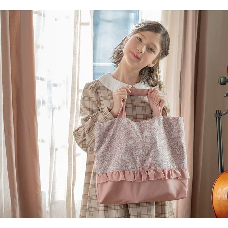 フラワープリント レッスンバッグ 切り替えフリルリボン[品番