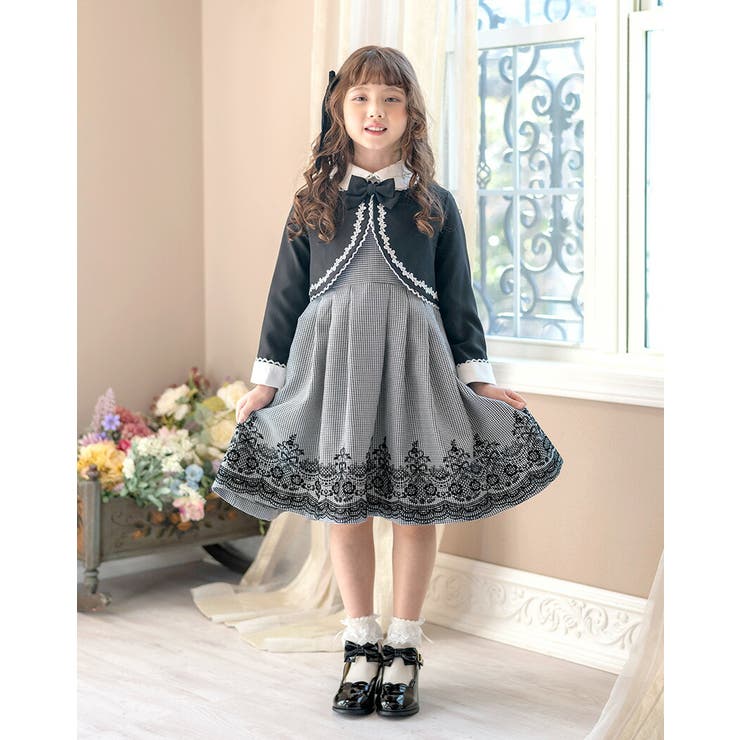 女の子 レースボレロとフロッキープリントのワンピーススーツ