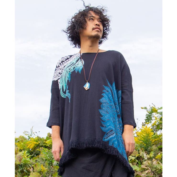 ブラック系 | 【チャイハネ】yul トライバルフラワービッグシルエットMEN'Sトップス | アミナコレクション