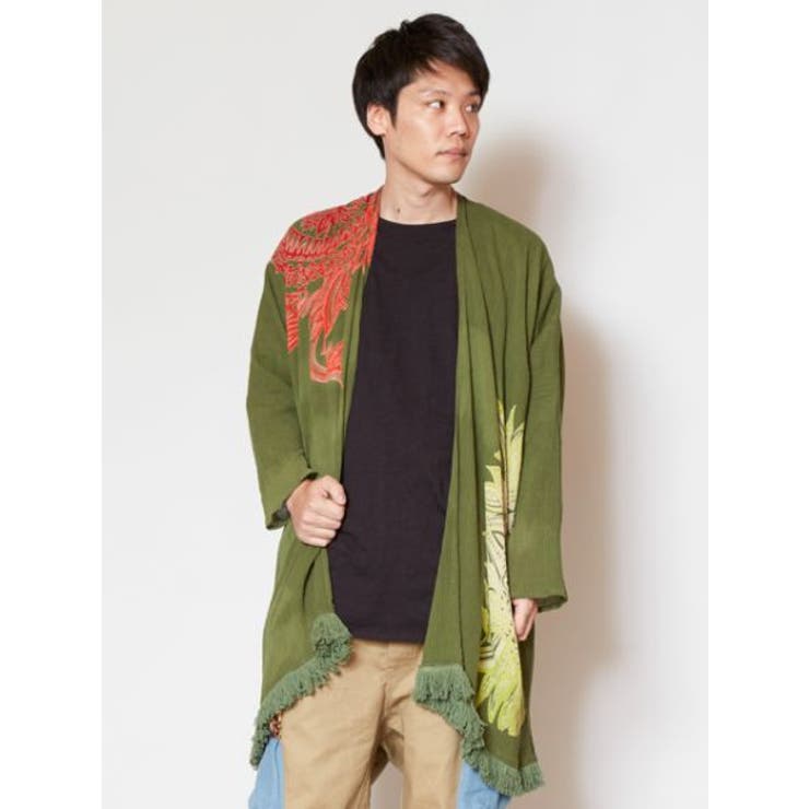 カーキ | 【チャイハネ】yul トライバルフラワーMEN'Sフリンジカーディガン | アミナコレクション