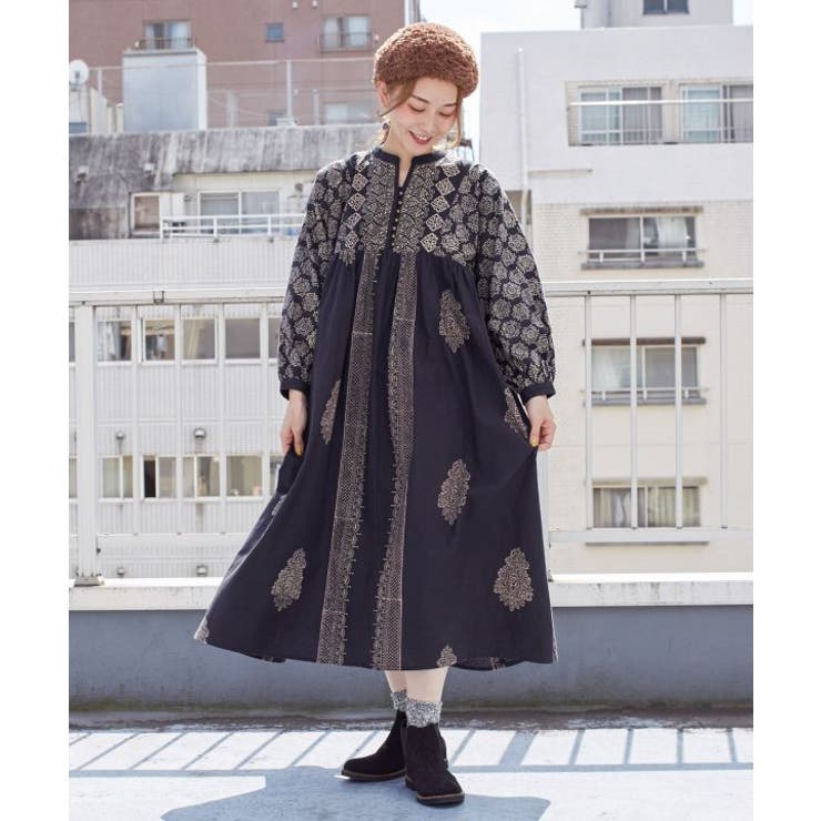 チャイハネ】ブロックプリント ビブレワンピース[品番