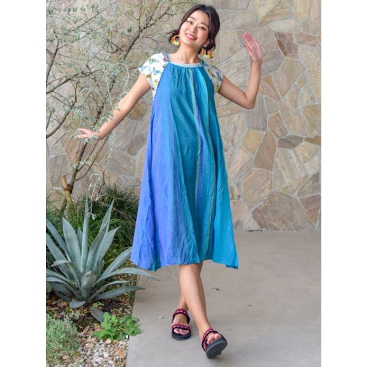 ブルー | 【チャイハネ】カラパナストライプワンピース | アミナコレクション 