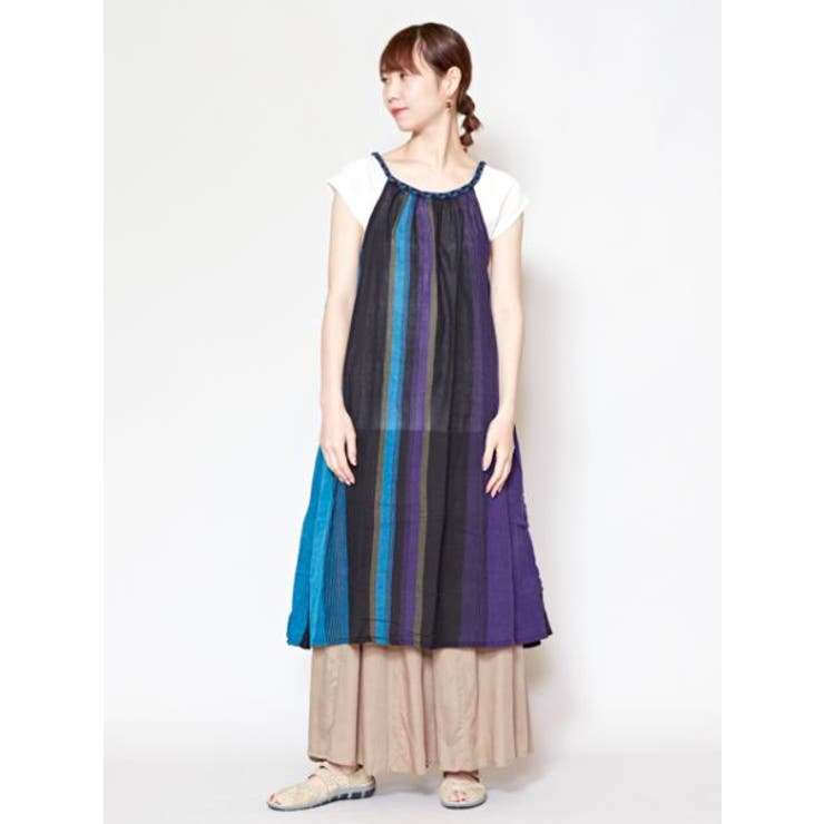 ブラック | 【チャイハネ】カラパナストライプワンピース | アミナコレクション 