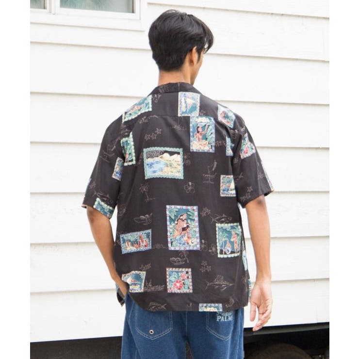 【カヒコ】TWO PALMS ポストカーズメンズアロハシャツ | アミナコレクション  | 詳細画像4 