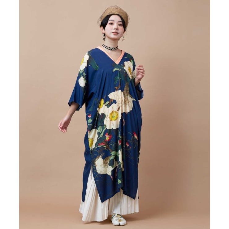 ネイビー | 【カヤ】花鳥ワンピース | アミナコレクション 