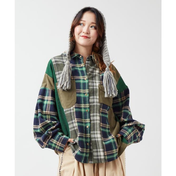 グリーン | 【チャイハネ】チェックパッチワークシャツ | アミナコレクション 
