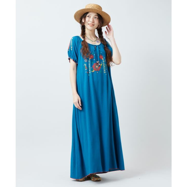 ブルー | 【チャイハネ】花刺繍クロスステッチワンピース | アミナコレクション 