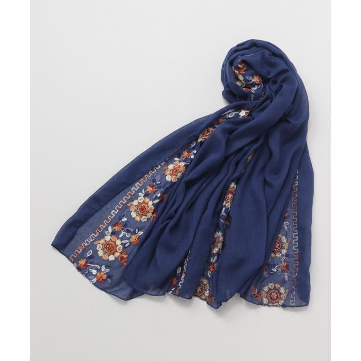 ネイビー | 【欧州航路】フィーカ花刺繍ストール | アミナコレクション 