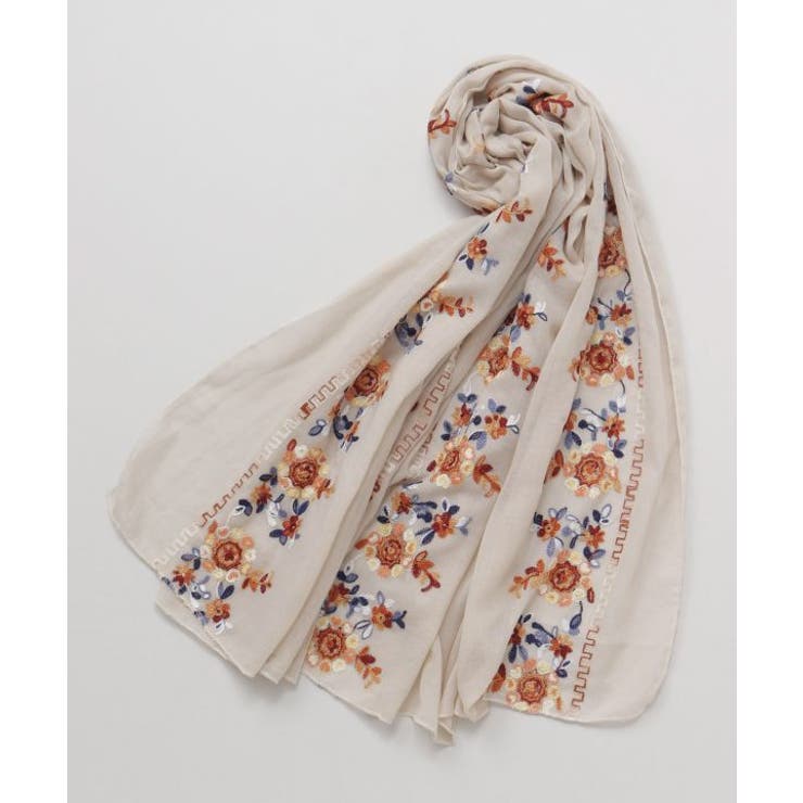 ベージュ | 【欧州航路】フィーカ花刺繍ストール | アミナコレクション 
