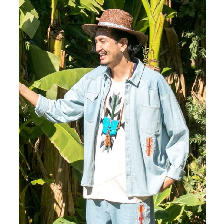 【チャイハネ】オルテガ柄刺繍メンズTシャツ | アミナコレクション | 詳細画像1 