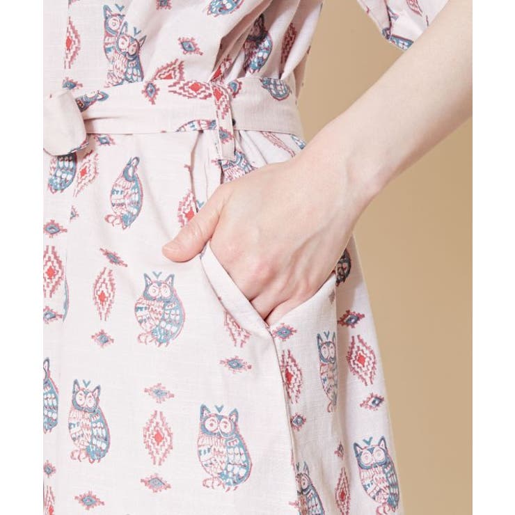 チャイハネ】ブロックプリント梟柄シャツワンピース[品番：ACNW0018366