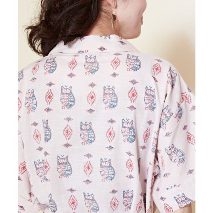 チャイハネ】ブロックプリント梟柄シャツワンピース[品番：ACNW0018366