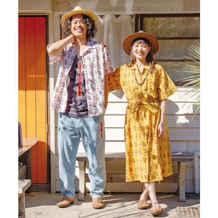 チャイハネ】ブロックプリント梟柄シャツワンピース[品番：ACNW0018366