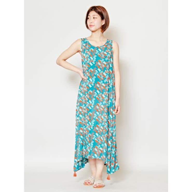 ターコイズブルー | 【チャイハネ】yul 幾何学柄ノースリーブワンピース | アミナコレクション