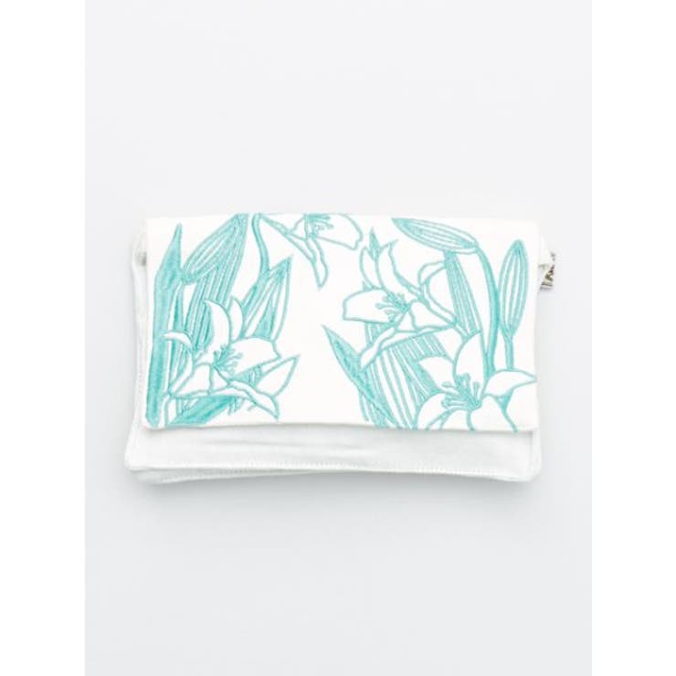 ホワイト×エメラルドグリーン | 【カヤ】花刺繍ミニクラッチバッグ 平ポーチ | アミナコレクション