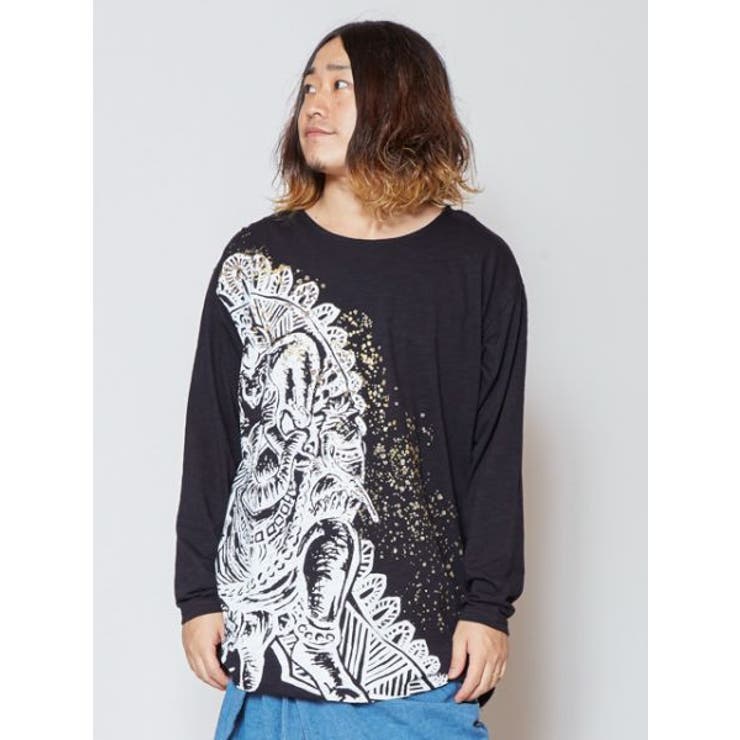 ブラック | 【チャイハネ】ガネーシャプリントメンズTシャツ | アミナコレクション
