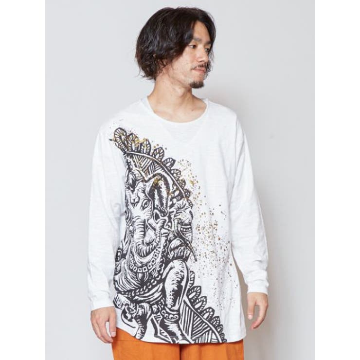 ホワイト | 【チャイハネ】ガネーシャプリントメンズTシャツ | アミナコレクション