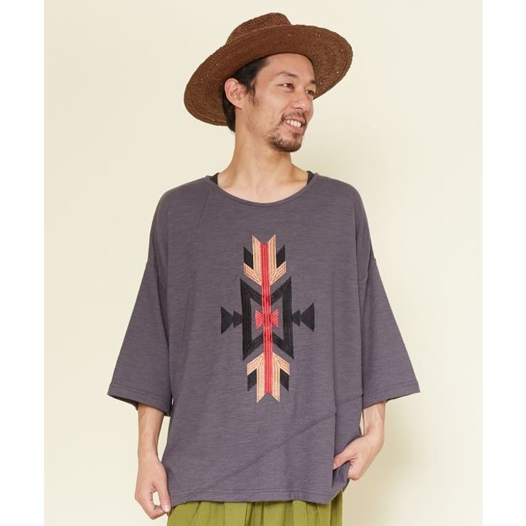 グレー | 【チャイハネ】オルテガ柄刺繍メンズTシャツ | アミナコレクション