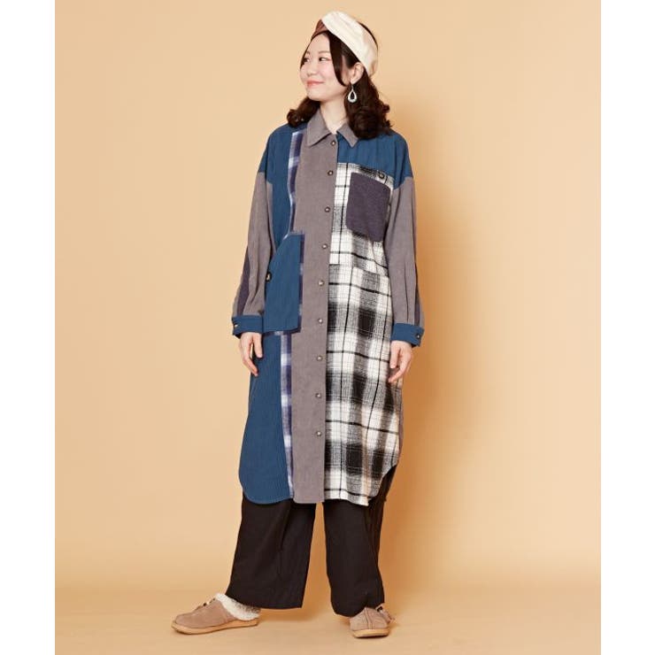 チャイハネ】チェック柄パッチワークシャツワンピース[品番