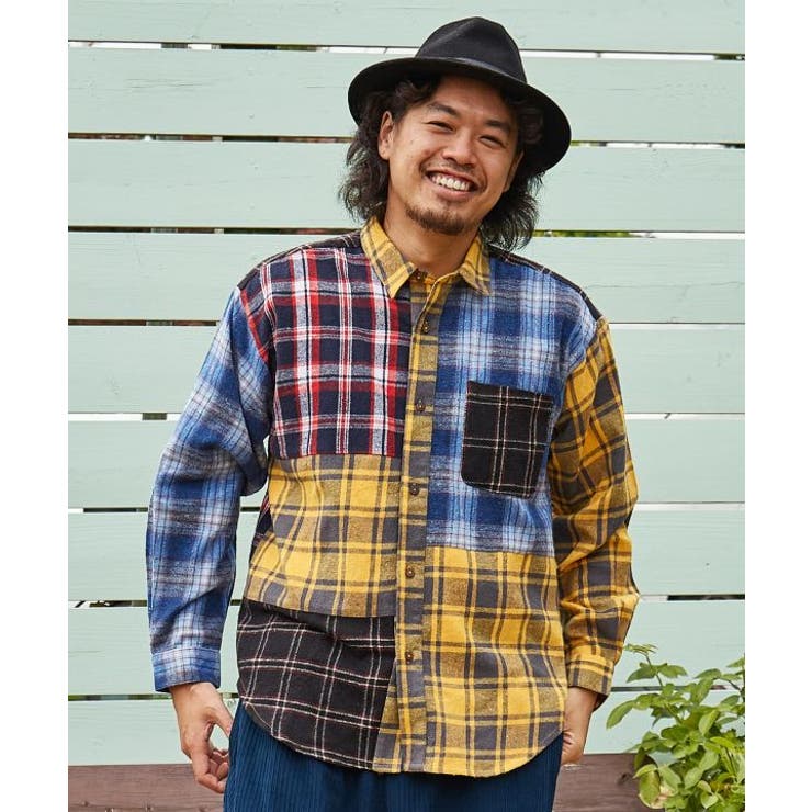 超特価激安 チャイハネ】チェックパッチワークMEN'Sシャツ[品番 メンズウェア