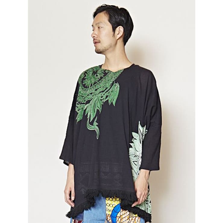 ブラック | 【チャイハネ】yul トライバルフラワービッグシルエットMEN'Sトップス | アミナコレクション