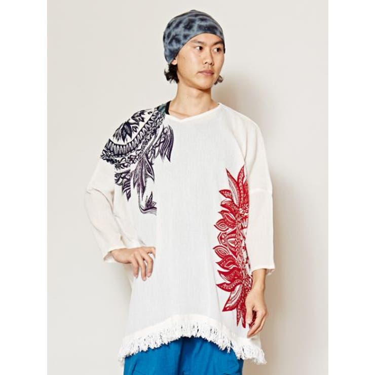 ホワイト | 【チャイハネ】yul トライバルフラワービッグシルエットMEN'Sトップス | アミナコレクション