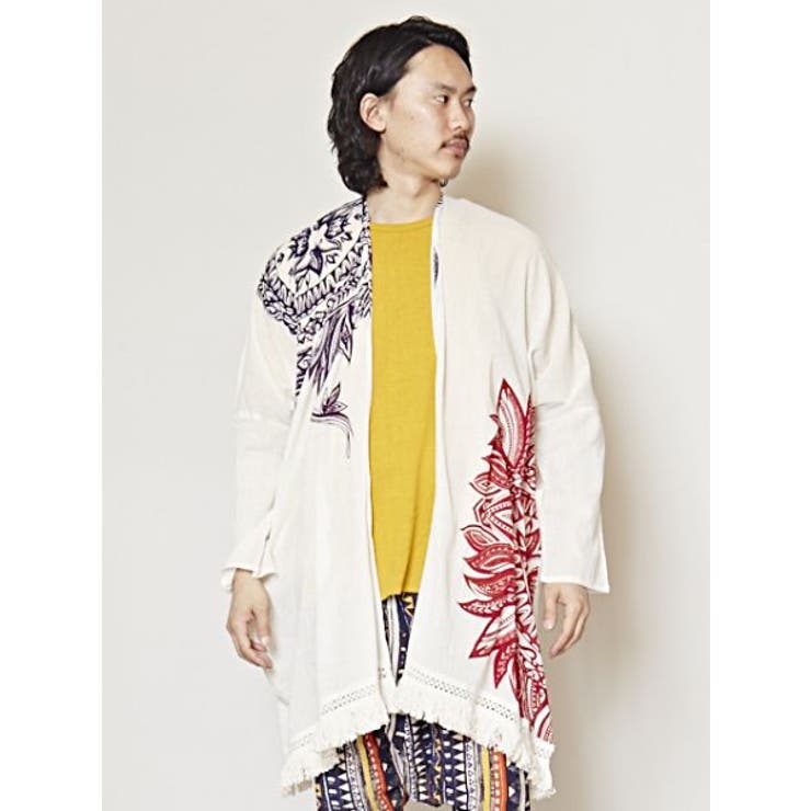 ホワイト | 【チャイハネ】yul トライバルフラワーMEN'Sフリンジカーディガン | アミナコレクション