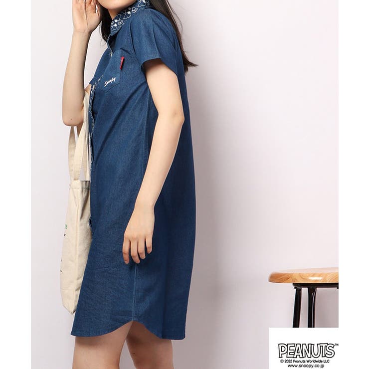 スヌーピー デニム ロング シャツ 半袖 刺繍 レディース SNOOPY | CharaBasket | 詳細画像4 