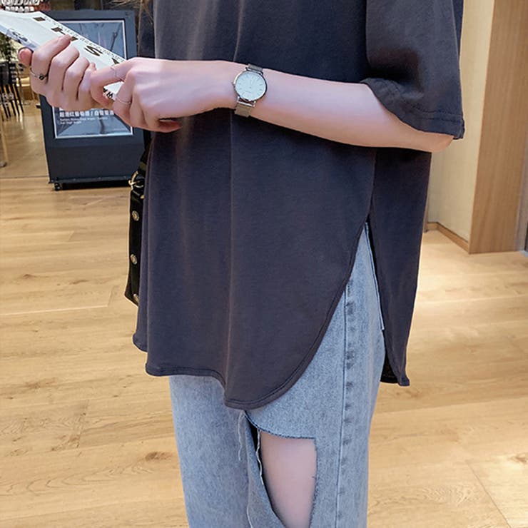 裾ラウンドバックプリントTシャツ フロントロゴ ロングTシャツ