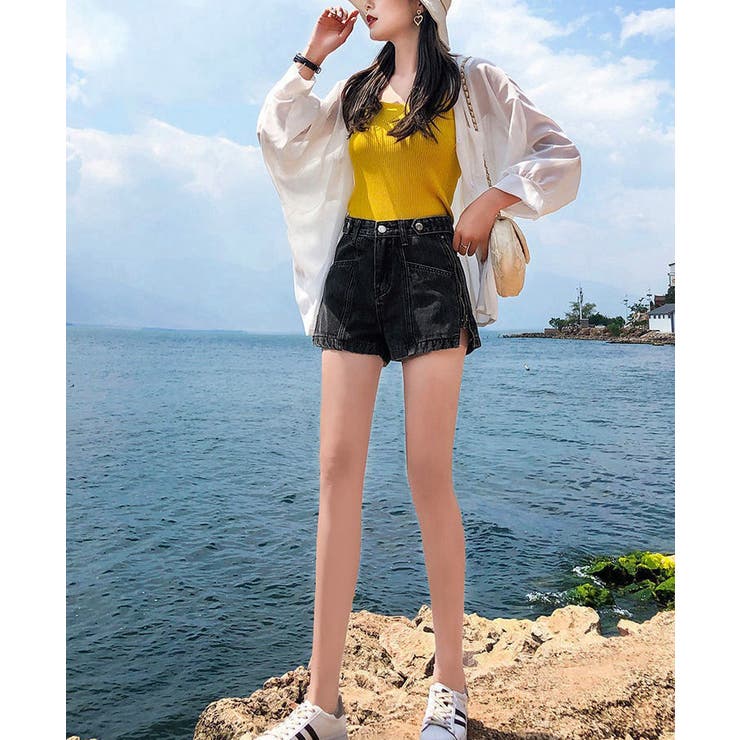 サイドジップデニムショートパンツ レディース ハイウエスト[品番