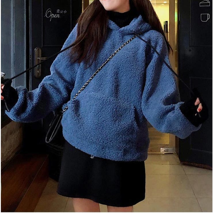 ブルー | レイヤード風ボアオーバーサイズパーカー | CHEER【WOMEN】