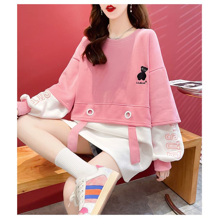 ピンク | レイヤード風 長袖トレーナー韓国ファッション | Alvia