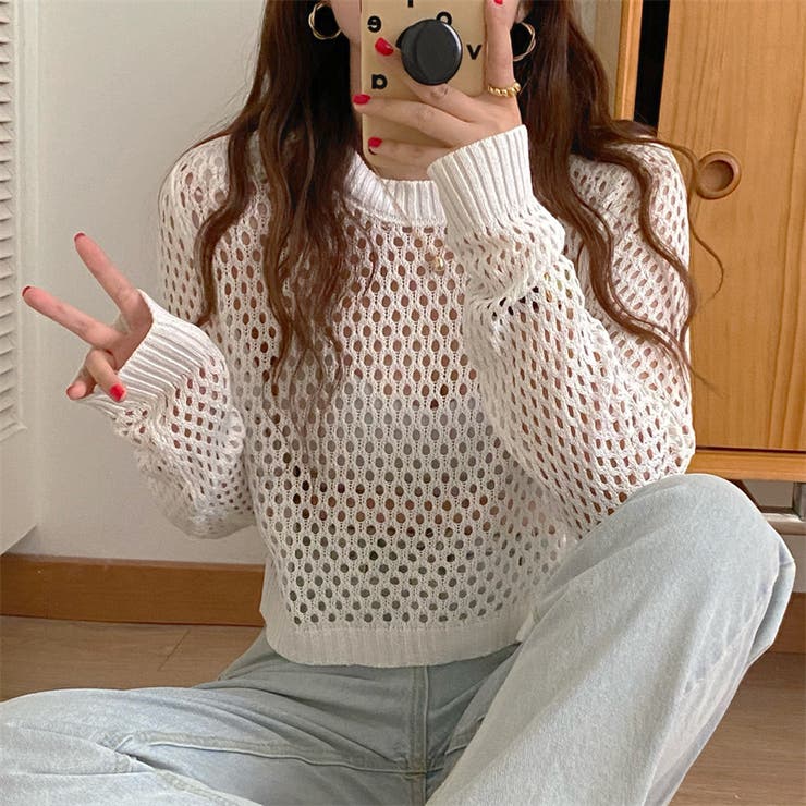 ゆるメッシュ透かし編みクルーネックニットプルオーバー[品番 ゆるメッシュ透かし編みクルーネックニットプルオーバー[品番