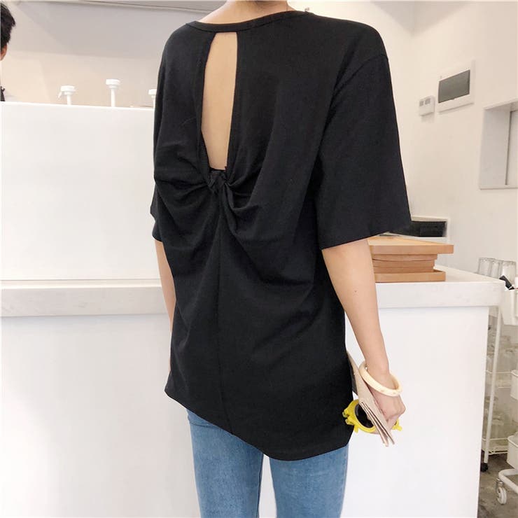ブラック | バックツイスト開きルーズTシャツ 春 夏 | Alvia