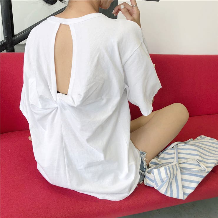 ホワイト | バックツイスト開きルーズTシャツ 春 夏 | Alvia