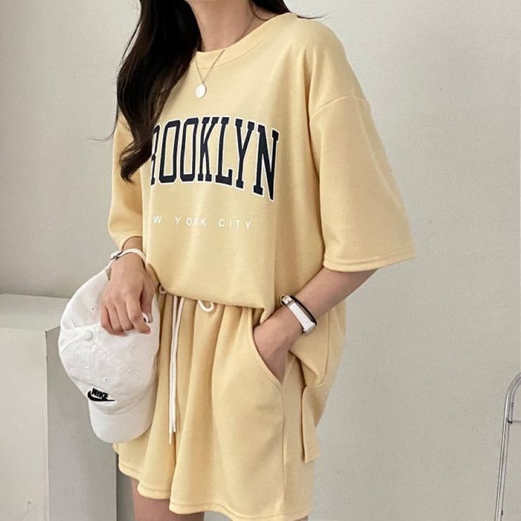 ライトイエロー | BROOKLYNプリントルーズTシャツ×ショートパンツSET 春 夏 | CHEER【WOMEN】